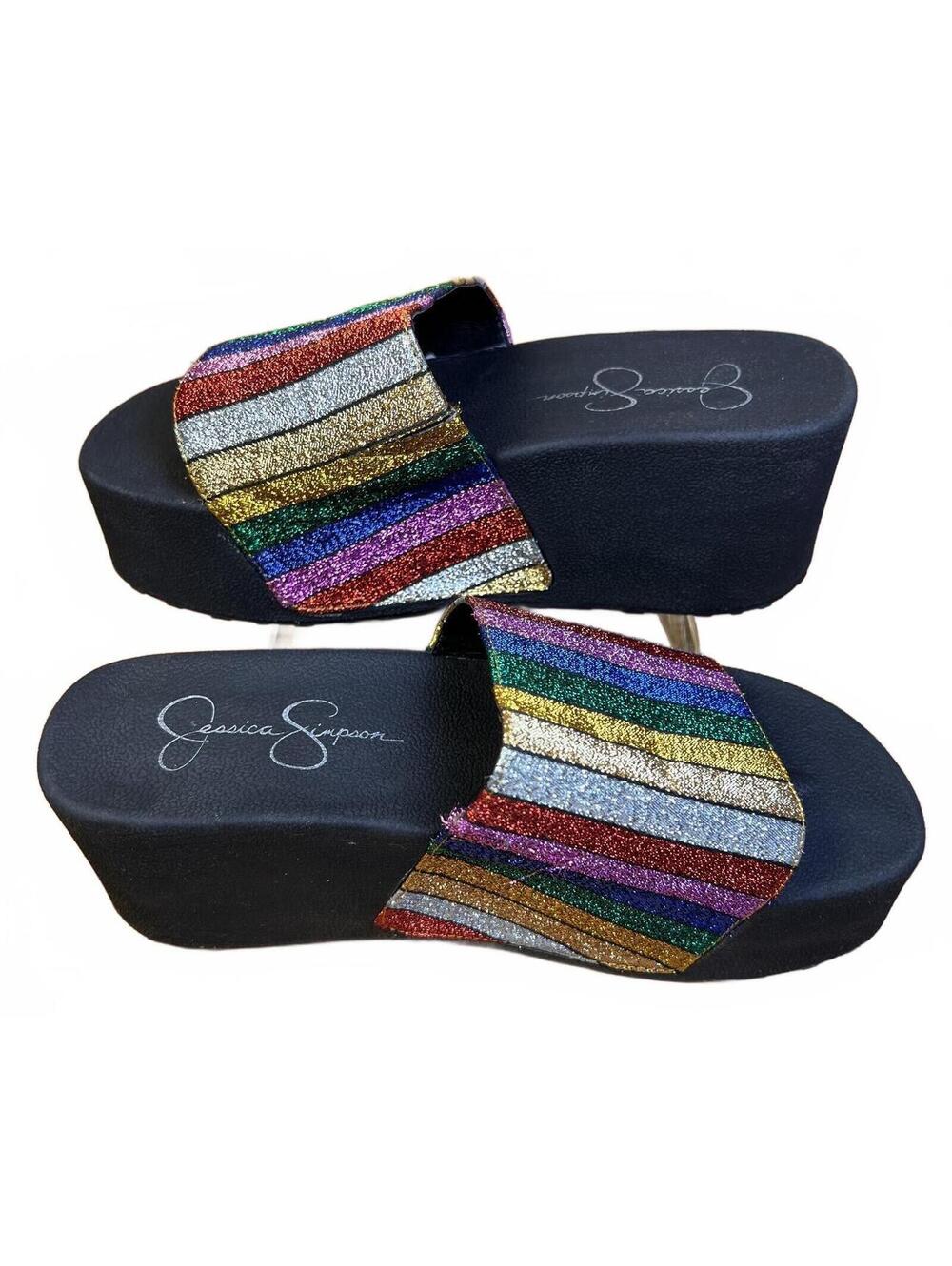 Jessica Simpson Platform Slide Sandals with Rainbow Glitter Strap